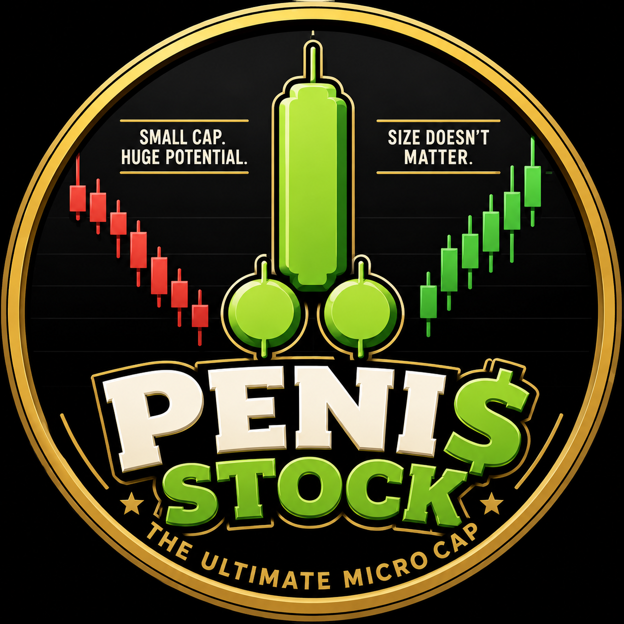 Peni Stock coin logo: gold rim, green trading candles and PENI STOCK lettering