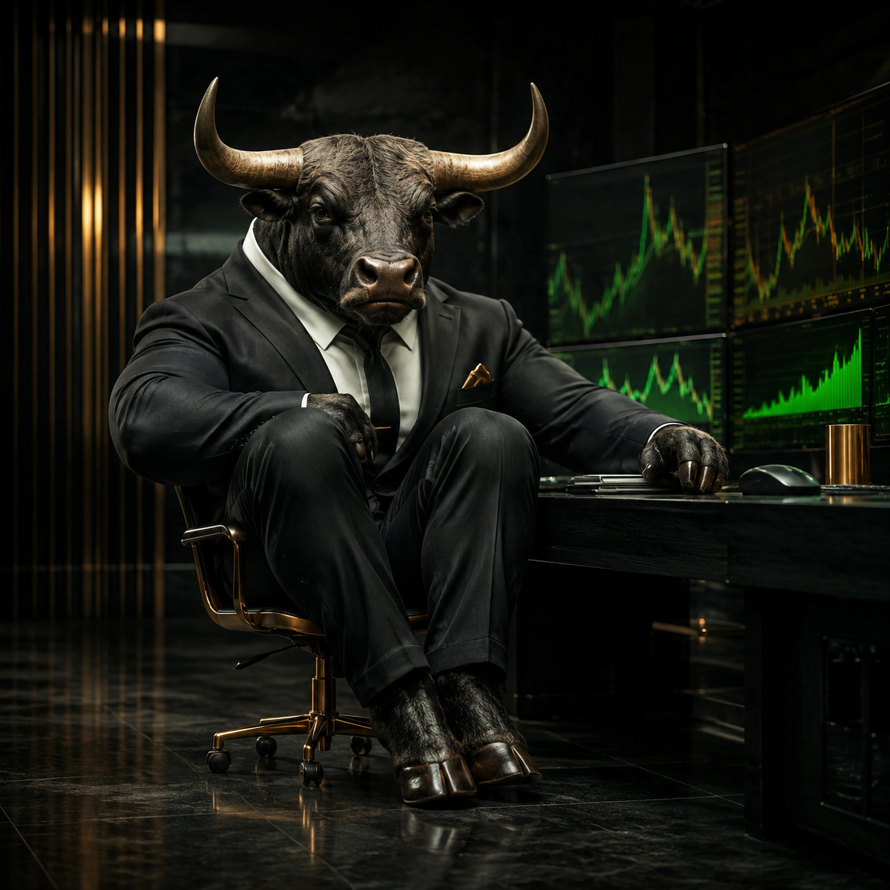 A large bull in a suit sits in a comically tiny office chair.