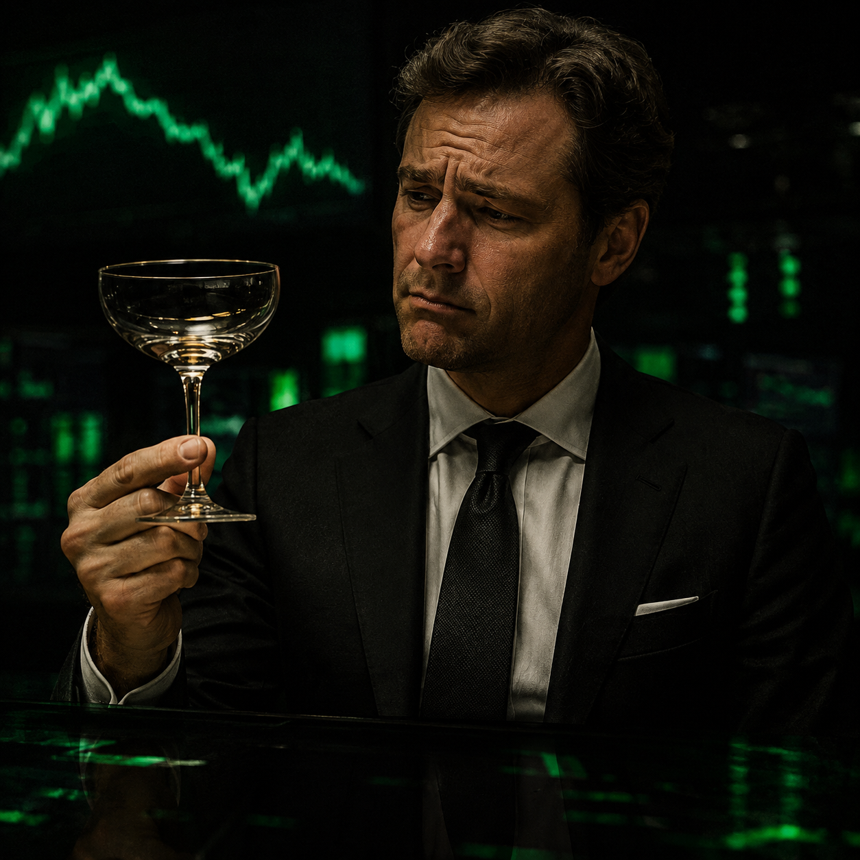 A solemn trader raises an empty champagne coupe in green trading-room light.