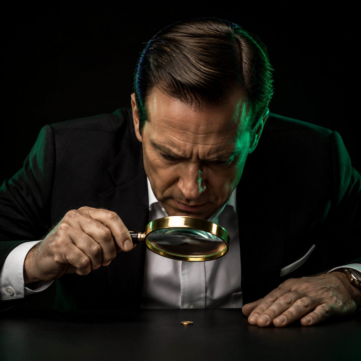 A serious analyst examines a tiny coin through a magnifying glass.