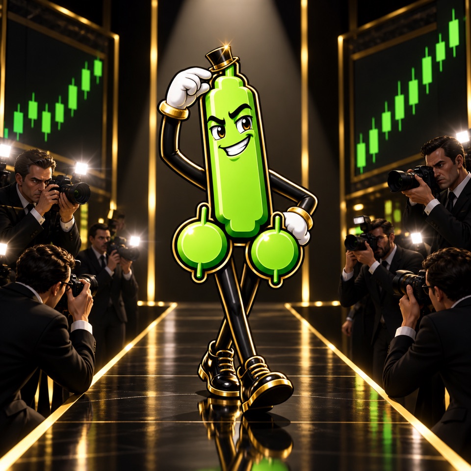 The PENI candlestick mascot walks a tiny green cap down a dramatic trading runway.