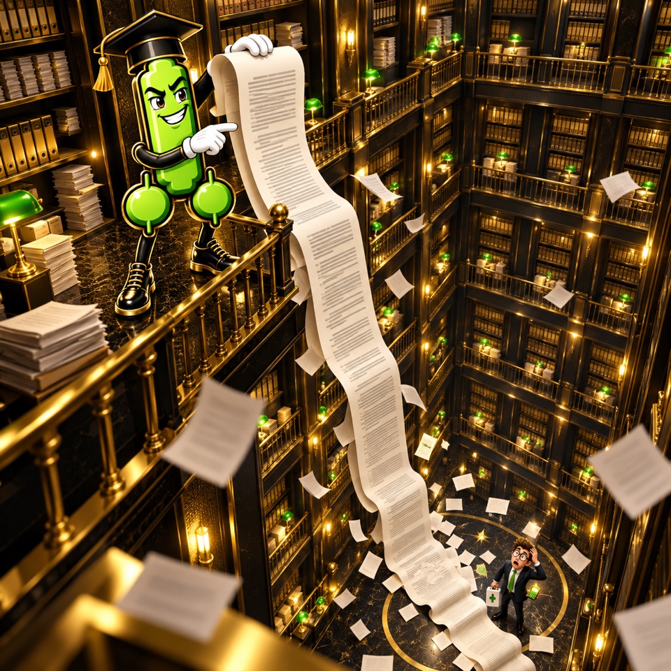 An archive room files the PENI mascot under a large compliance disclaimer.